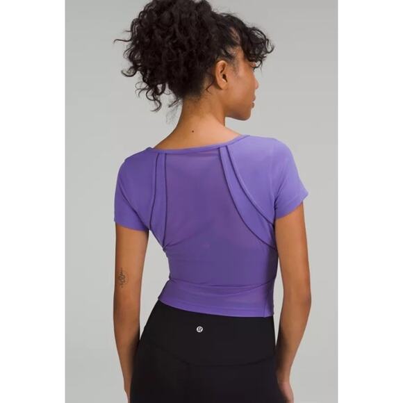 Lululemon Size 10 Square Neck Mesh Nulu Yoga T Shirt Cropped Tee Charged Indigo - Picture 5 of 7